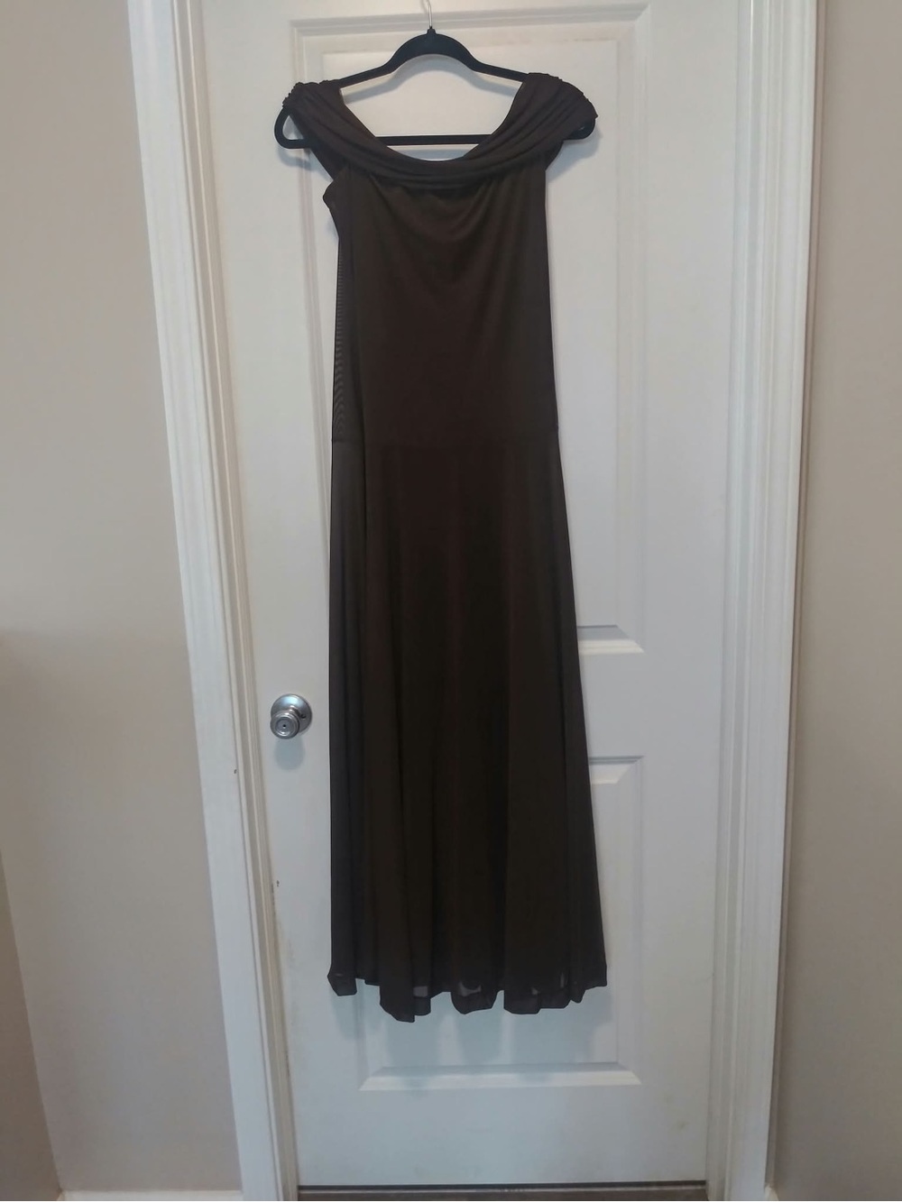 Off-Shoulder Brown Maxi Gown with Draped Neckline